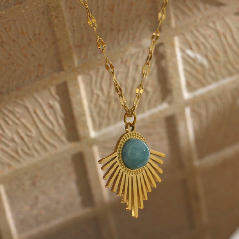 NEW 18K Gold Plated Stainless Steel Starburst Necklace Blue Stone